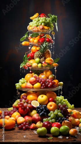 A vibrant tower of fresh and colorful fruits on a table. Generative AI. © Natalia