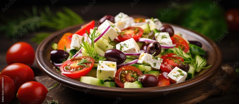 Fresh Greek salad with veggies, feta and olives.