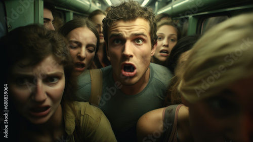Young man having claustrophobia in public transport photo