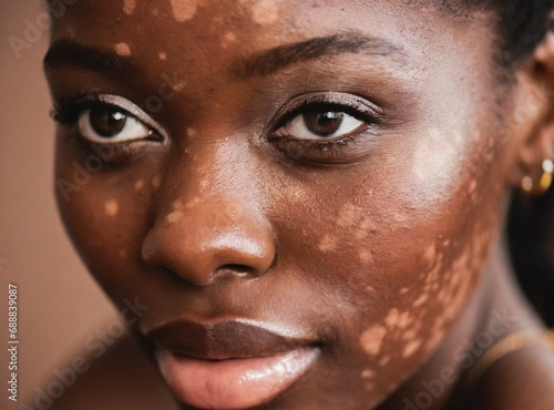 Portrait of black woman model with vitiligo, face closeup photo