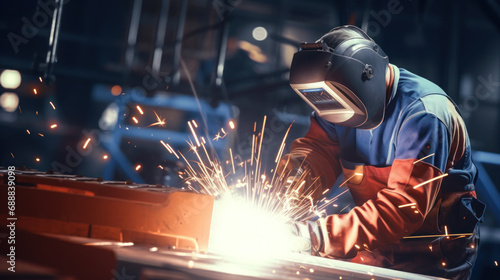 Factory worker is welding metal photo