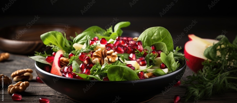 Salad with green leaves, walnuts, and pomegranate seeds