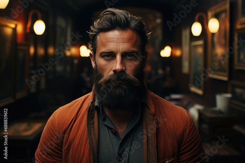 A rugged man with a dark beard and mustache stands confidently on the street, his face adorned with facial hair and wearing stylish clothing, exuding a sense of strength and sophistication in this in