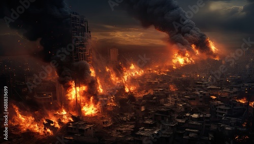 the flames from the dystopian cityscapes, war scenes, 