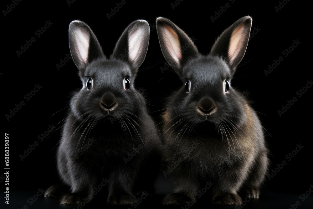 Close-up Portrait of a Cute Domestic Rabbit with Whiskers on Black Background with selective focus and copy space Close-up Portrait of a Cute Domestic Rabbit with Whiskers on Black Background with selective focus and copy space