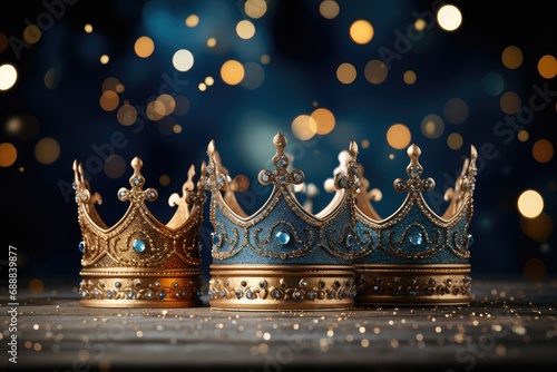 Three glittering crowns are lined up on a blue background