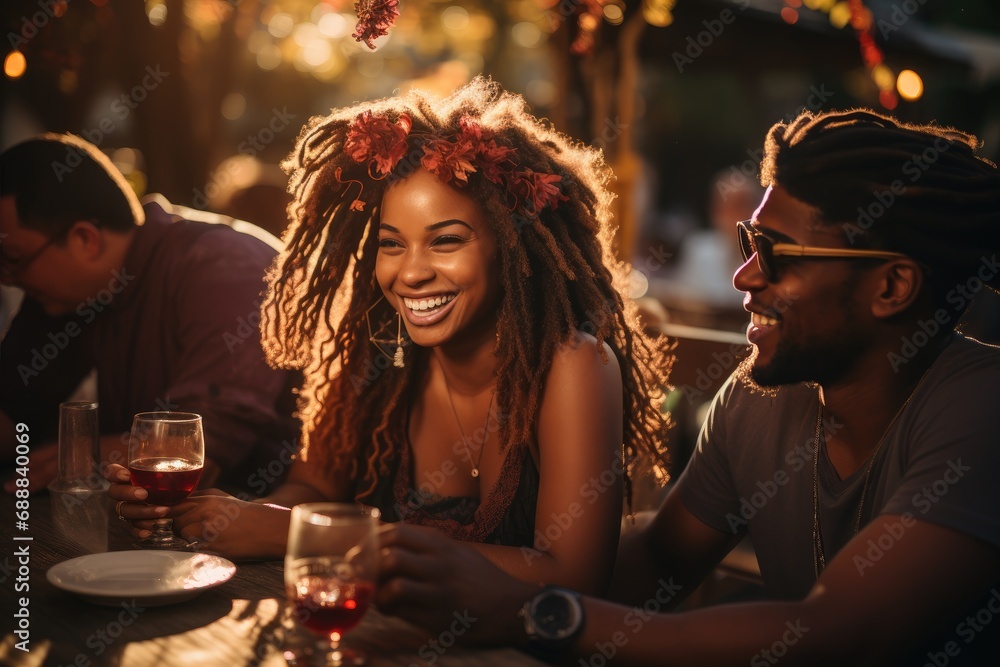 A group of friends gathered around a table, their smiling faces illuminated by the warm glow of a candle and the sparkling wine glasses in their hands, enjoying a lively outdoor party