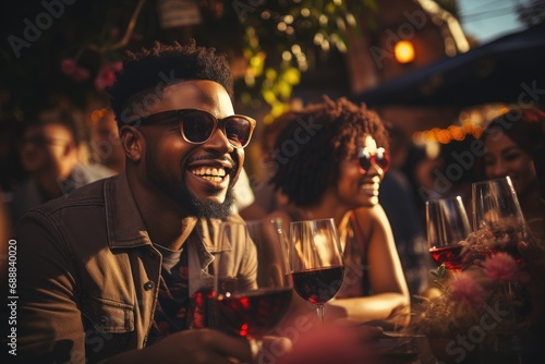 A jovial man enjoys the company of friends as he sips wine and basks in the warm outdoor setting, his contagious smile illuminating the table adorned with glasses and bottles