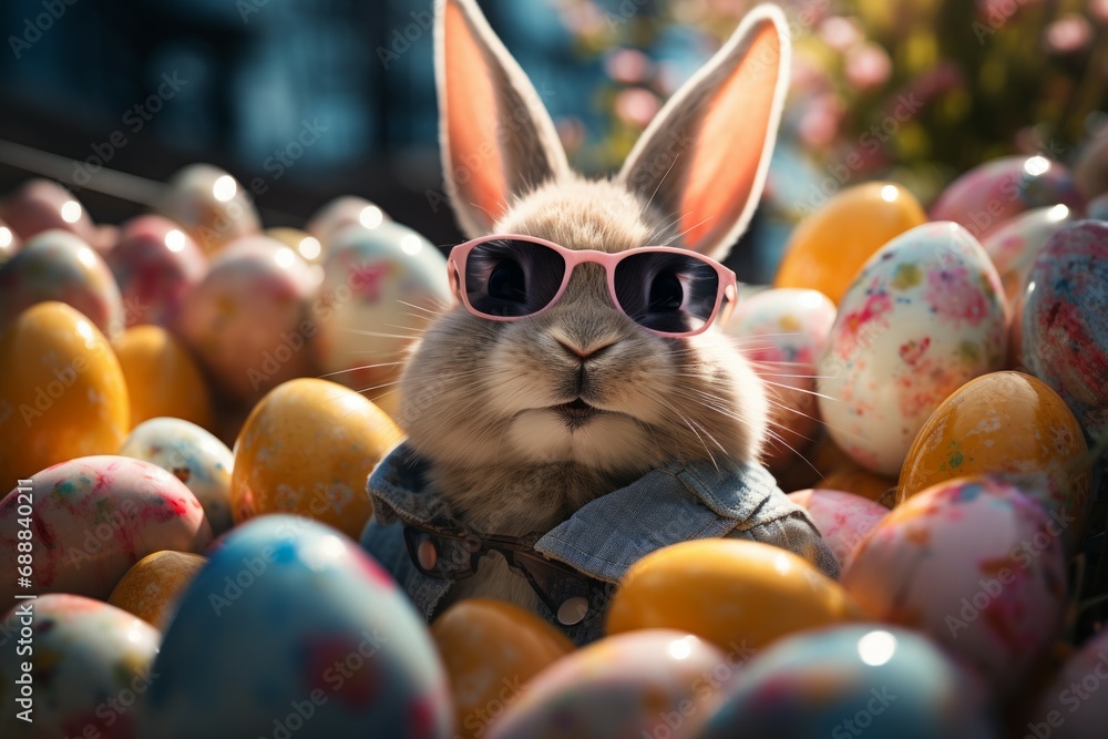 Colorful Easter eggs surrounded by chocolate treats and a cute bunny with selective focus and copy space