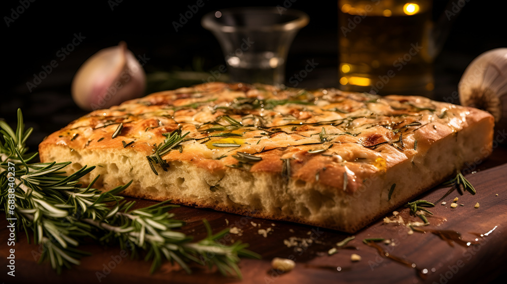 fresh baked loaf of foccacia bread (rectangle shape), made hot and fresh with oil and shredded rosemary, hot steam rises above the freshly baked bread