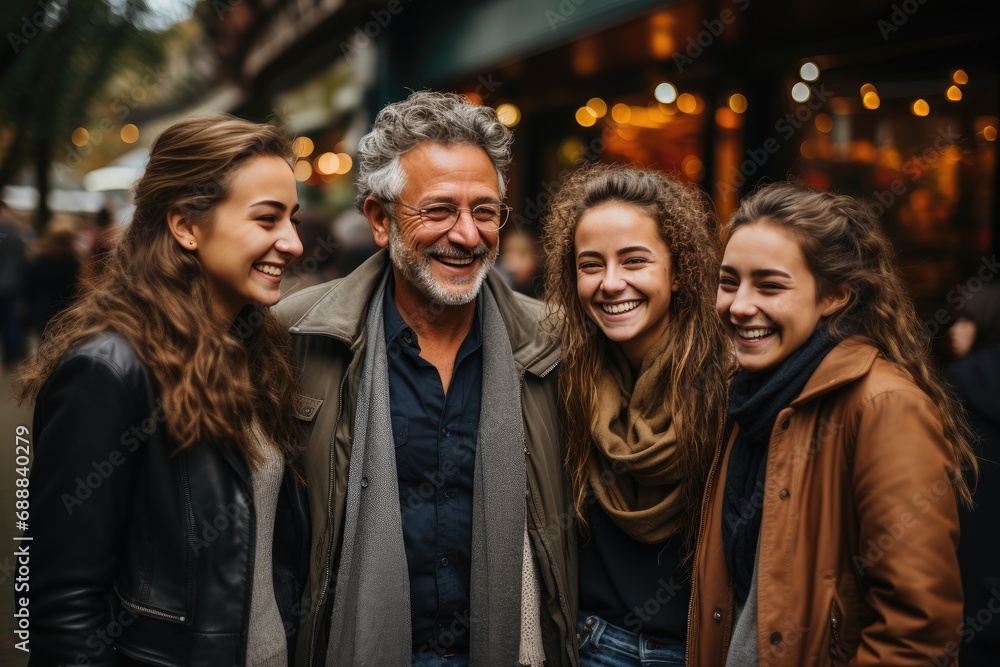 A diverse group of individuals stand on a bustling city street, donning warm jackets and scarves, radiating joy through their bright smiles and stylish clothing