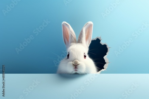 A rabbit bursts into a party from a hole in the wall and space for text on a banner. Background with selective focus