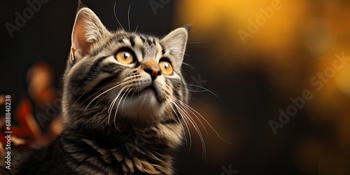 Striped tabby cat looking up towards the sky