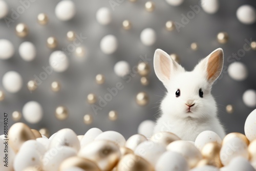 Rabbit among eggs in the studio. Background with selective focus and copy space © top images