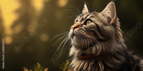 Striped tabby cat looking up towards the sky