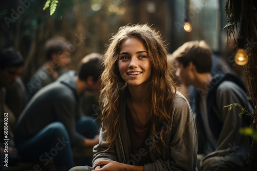 A woman's genuine smile radiates joy and warmth, as she stands confidently surrounded by friends on a bustling city street photo