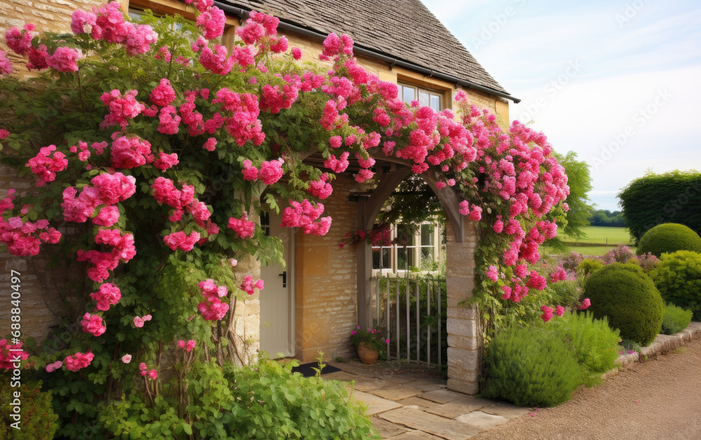 Roses growing over a trellis on a beautiful English countryside house