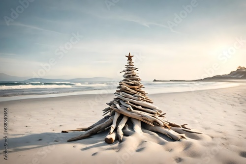 Driftwood christmas tree on the beach with copy space-