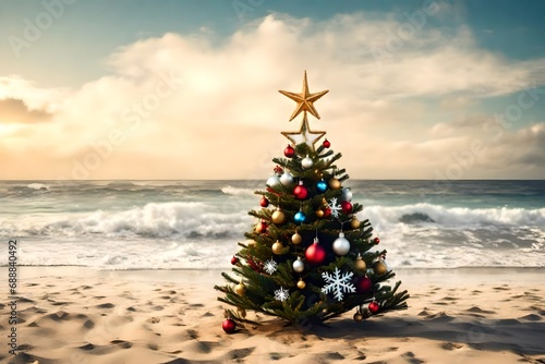 Beautiful christmas tree at the beach with lots of copy space