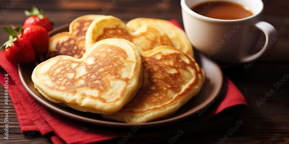 Heart-shaped hot cakes accompanied by a cup of chocolate to celebrate Valentine's Day, anniversary or birthday Heart-shaped hot cakes accompanied by a cup of chocolate to celebrate Valentine's Day, anniversary or birthday