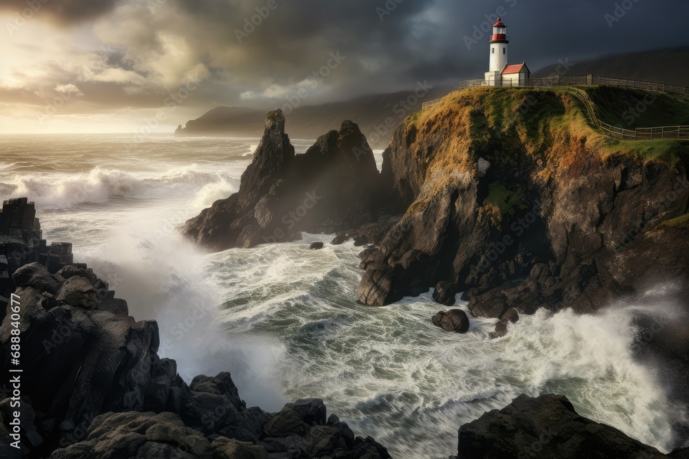Lighthouse on a stormy day, a lighthouse on a rock in the middle of the ocean, Crashing waves against lighthouse, lighthouse seascape