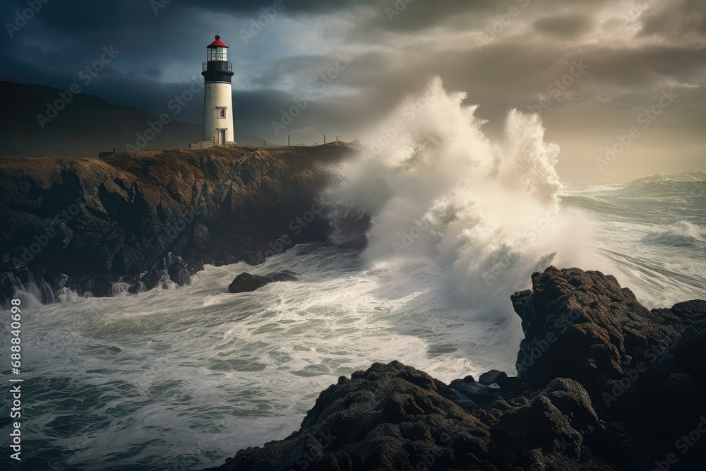 A captivating shot of a solitary lighthouse standing tall against crashing waves, Lighthouse on the north coast of Iceland, Toned image, Crashing waves against lighthouse - obrazy, fototapety, plakaty 