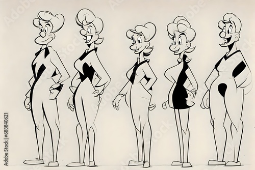 VHanna Barbera cartoon characters, full body turnaround sheet, clean lines, black and white drawings photo