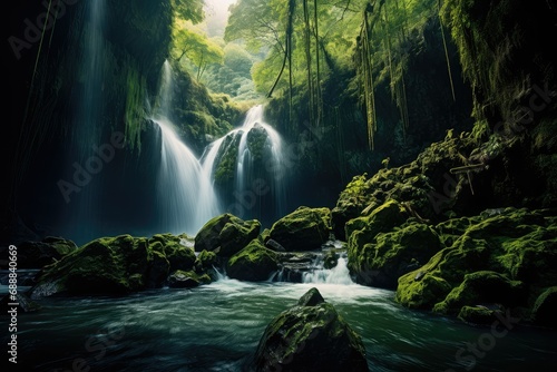Beautiful waterfall in green forest, Beauty of nature concept background, Beautiful hidden waterfall in rain-forest, Adventure and travel concept, Nature background.
