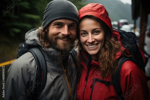 Friends couple walking on mountain on rainy day
