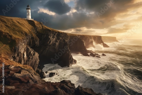 Lighthouse on the coast of the Atlantic ocean at sunset, captivating shot of a solitary lighthouse standing tall against crashing waves, a guiding beacon in a sea of uncertainty.