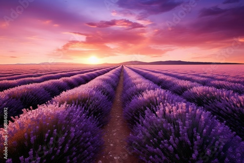 Lavender flower field at sunset in Provence, Rows of purple lavender in height of bloom, Lavender field summer sunset landscape