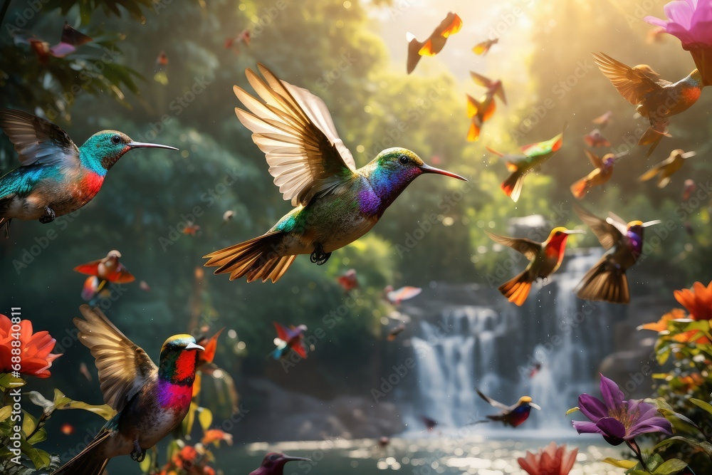 Colorful hummingbirds flying over waterfall in tropical forest, Wildlife scene from tropic jungle, Two birds sucking nectar from flowers, Wildlife Photography, tropical forest - obrazy, fototapety, plakaty 