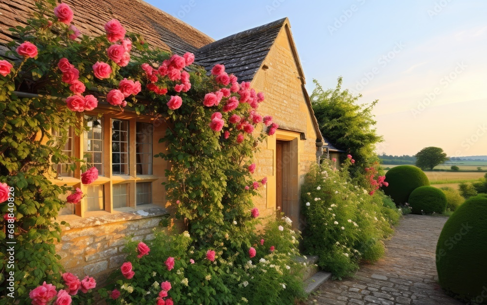 Roses growing over a trellis on a beautiful English countryside house