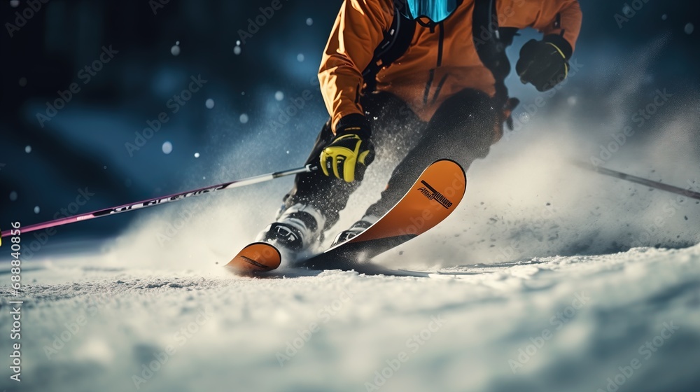 Skier's legs during descent close-up - obrazy, fototapety, plakaty 