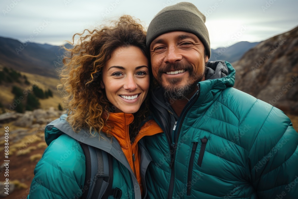 Middle age love couple hiking
