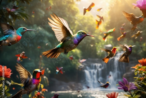 Colorful hummingbirds flying over waterfall in tropical forest, Wildlife scene from tropic jungle, Two birds sucking nectar from flowers, Wildlife Photography, tropical forest