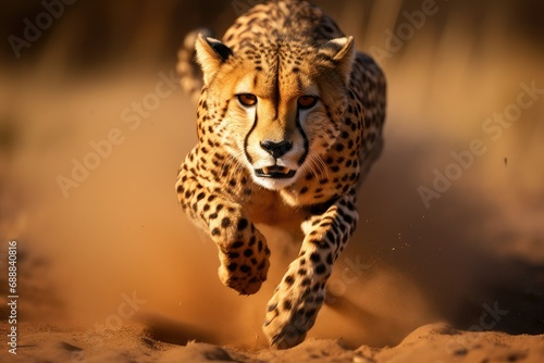 Cheetah running towards camera, Specie Acinonyx jubatus family of Felidae, Cheetah on the Hunt in Beautiful Landscape Scene