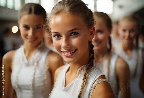 Smiling group of girls in white dresses on school competition