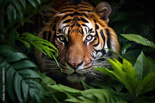 majestic tiger standing in the middle of the forest, Wildlife Animals, Close up of a tiger in the jungle, royal bengal tiger staring towards the camera from inside the jungle © Jahan Mirovi