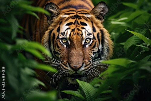 Portrait of a Sumatran Tiger in the jungle, Close-up of a Sumatran tiger, beautiful animal and his portrait, royal bengal tiger staring towards the camera from inside the jungle photo