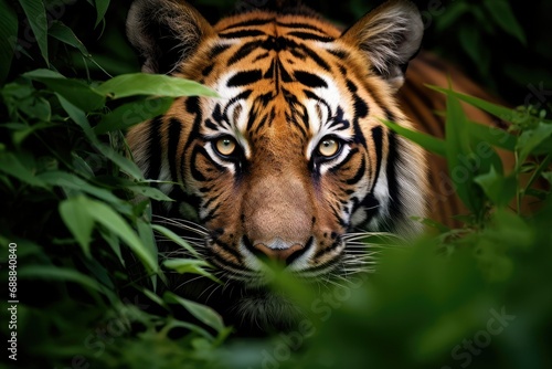 Sumatran Tiger in the jungle, (Panthera tigris altaica), Image of a majestic tiger standing in the middle of the forest, Wildlife Animals, Close-up of a Sumatran  tiger © Jahan Mirovi