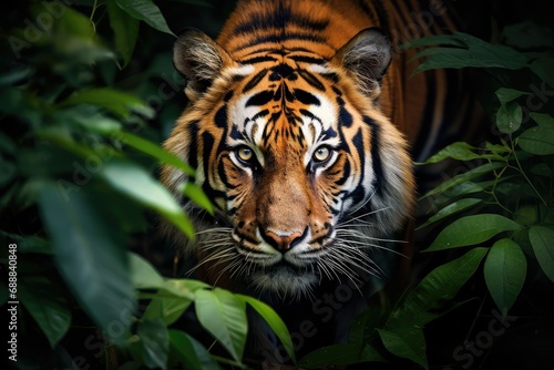 Close up of a tiger in the jungle, Sumatra, Scary looking male royal bengal tiger staring towards the camera from inside the jungle, Image of a majestic tiger