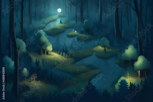 pixar style illustrated, bird view of a forrest at night ,dark stron fog,playful, cute a photo