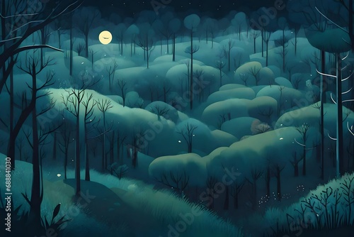 pixar style illustrated, bird view of a forrest at night ,dark stron fog,playful, cute a photo