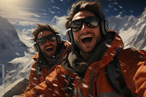 Portrait of happy snowboarder friends laughing on mountain tour