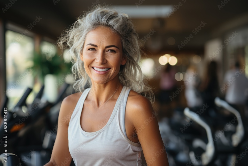 Cheerful older blond lady in gym