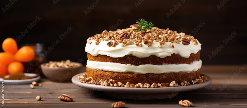 Carrot cake featuring cream cheese frosting and select-focus nuts. Carrot cake featuring cream cheese frosting and select-focus nuts.