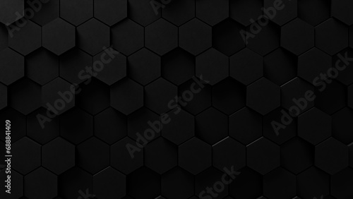 3d black abstract dark color background backdrop wall made of black hexagon polygons, empty space wall background, black wall 3d black forms seamless pattern, minimal dark backdrop 3d visualization