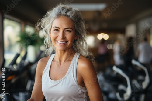 Cheerful older blond lady in gym
