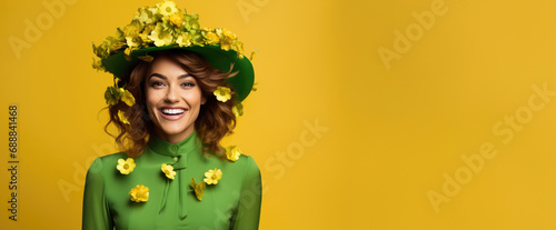 A woman joyfully wears a leprechaun costume with whimsical clover leaf decorations, creating a lively contrast against a cheerful yellow background, banner